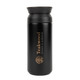 A double wall coffee cup in matte black with a lid and a logo. Features a sleek, modern design.