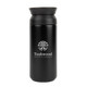 A double wall coffee cup in matte black with a lid and a logo on the front.