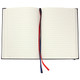 A black diary with lined pages and a red and blue ribbon bookmark. It has a logo on the cover. A black diary with lined pages and a red and blue ribbon bookmark. It has a logo on the cover.
