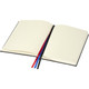 A black diary with blank pages, featuring a ribbon bookmark in blue and red. A black diary with blank pages, featuring a ribbon bookmark in blue and red.