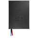 A black diary with a textured cover, featuring a logo and coloured ribbon markers in red and blue. A black diary with a textured cover, featuring a logo and coloured ribbon markers in red and blue.