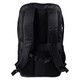 A black backpack with adjustable straps and a padded back, featuring a branding logo.