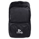 A black laptop backpack featuring a front pocket and a logo. It has a sleek, modern design suitable for daily use.