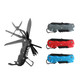 A multifunction pocket knife in black with various tools, alongside three additional pocket knives in red, blue, and grey.