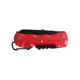 A red multifunction pocket knife featuring various tools and a keyring attachment. It has a logo on the handle.