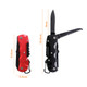 A multifunction pocket knife in red and black, featuring a blade and serrated edge, with a keyring attachment.