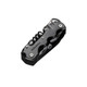 A multifunction pocket knife in black, featuring a keyring attachment and multiple tools. It has a logo on the side.