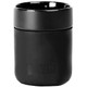 A ceramic tumbler in black with a silicone wrap, featuring a logo on the surface.