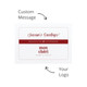 A white card featuring a festive greeting with a red accent and space for a custom message. Includes a logo.