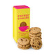 A colourful yellow and pink box with cookies, labelled "Coffee Dunkers", alongside several chocolate chip cookies.