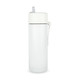 A drink bottle in white with a straw and a handle, featuring a simple and sleek design.