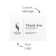 A thank you card displaying a logo, featuring a predominantly white background with black text and design elements.