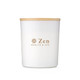 A white candle jar with a wooden lid, featuring a logo and branding for "Zen Health & Spa." A white candle jar with a wooden lid, featuring a logo and branding for "Zen Health & Spa."