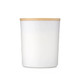 A large white glass candle with a bamboo lid, designed for home and living decor. A large white glass candle with a bamboo lid, designed for home and living decor.
