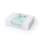 A white gift box featuring a light blue label with holiday-themed illustrations and a festive message. A white gift box featuring a light blue label with holiday-themed illustrations and a festive message.
