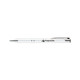 A metal pen in white with a chrome clip and a logo on the barrel.