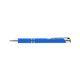 A blue metal pen with silver accents and a clip, featuring a smooth design. It has branding on the side.