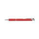 A red metal pen with silver accents and a sleek design, featuring a branding logo.