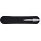 A silver metal pen rests on a black velvet-like holder, showcasing its sleek design and finishing.