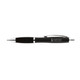A metal pen featuring a sleek black body with silver accents and a clip, showcasing a logo on the side.