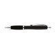 A black metal pen with silver accents and a clip, featuring a sleek design and a logo.