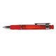 A red plastic pen with a chrome clip and trim. The pen features a clear barrel allowing visibility of the ink inside.