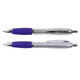A collection of two metal pens with silver bodies and purple grips, featuring a logo on one pen. A collection of two metal pens with silver bodies and purple grips, featuring a logo on one pen.