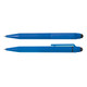 A blue pen and stylus set, featuring a smooth finish and detachable stylus tip, displayed side by side.