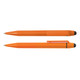 An orange pen and stylus combination with a black tip, featuring a clip design and a sleek finish.