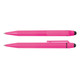A pink stylus pen is displayed, featuring a sleek design with a sturdy clip and a soft tip for touchscreen use.
