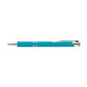 A metal pen in a vibrant turquoise colour with silver accents and a sleek design. Features a branding logo.