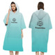 A hooded towel in gradient teal featuring a logo, with a pocket and short sleeves. Ideal for leisure and outdoor use.