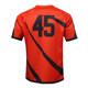 A vibrant red sport tee shirt featuring a black design and the number 45 on the back. It has a crew neck and raglan sleeves. A vibrant red sport tee shirt featuring a black design and the number 45 on the back. It has a crew neck and raglan sleeves.