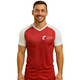 A red and white V-neck raglan sport tee shirt featuring short sleeves and a logo on the front.