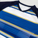 A blue and white V-neck raglan tee shirt with asymmetric stripes and a logo on the sleeve. A blue and white V-neck raglan tee shirt with asymmetric stripes and a logo on the sleeve.