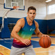 A sleeveless singlet in a gradient of blue, green, yellow, and purple, featuring a logo, worn by a man holding a basketball.
