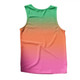 A V-neck singlet featuring a gradient design transitioning from green to orange and pink, made of 100% polyester micro mesh. A V-neck singlet featuring a gradient design transitioning from green to orange and pink, made of 100% polyester micro mesh.