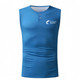 A blue 100% polyester micro mesh sublimated singlet featuring a small V-neck and buttoned design, with a logo.