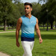 A sleeveless singlet in blue and teal gradient with a small V-neck and buttoned front. It features a logo.