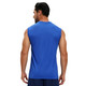 A blue crew neck singlet made from 100% polyester micro mesh, featuring a plain design and no visible branding.