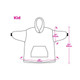 A kids' wearable blanket illustration in white, featuring a hoodie, pocket, and measurements for size. A kids' wearable blanket illustration in white, featuring a hoodie, pocket, and measurements for size.