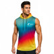 A sleeveless hoodie featuring a gradient design in teal, yellow, and red, with a logo on one side. A sleeveless hoodie featuring a gradient design in teal, yellow, and red, with a logo on one side.