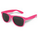 Pink sunglasses with dark lenses, featuring a logo on the side.