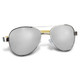 Aviator sunglasses with a silver mirror lens and bamboo arms, featuring a sleek design and a logo. Aviator sunglasses with a silver mirror lens and bamboo arms, featuring a sleek design and a logo.