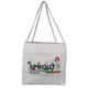 A light-colored tote bag featuring a design with a logo, illustrations of plants, and a character holding gardening tools.