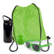 A green drawstring backpack, a black drink bottle, a green stress ball, and green sunglasses. A green drawstring backpack, a black drink bottle, a green stress ball, and green sunglasses.