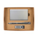 A gift set containing a sleek metal card holder, a metal pen, and a USB flash drive, all presented in a cardboard box.