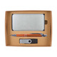 A cardboard gift set containing a power bank, a metallic pen, and a USB flash drive, all neatly arranged in a box.