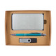 A cardboard gift set containing a silver power bank, teal pen, and silver USB flash drive.