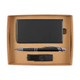 A cardboard gift set containing a power bank, a sleek pen, and a USB flash drive, all neatly packaged.